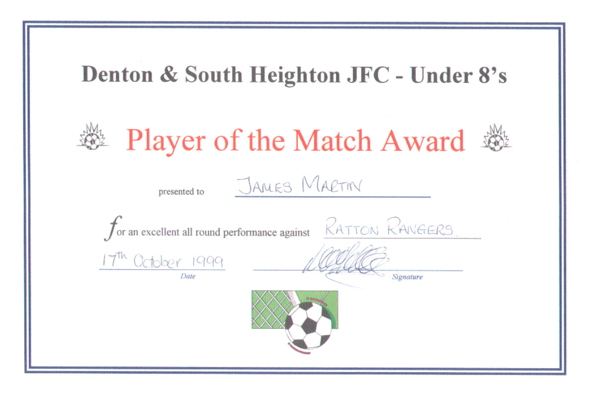 Player Of The Match against Ratton Rangers, Eastbourne 